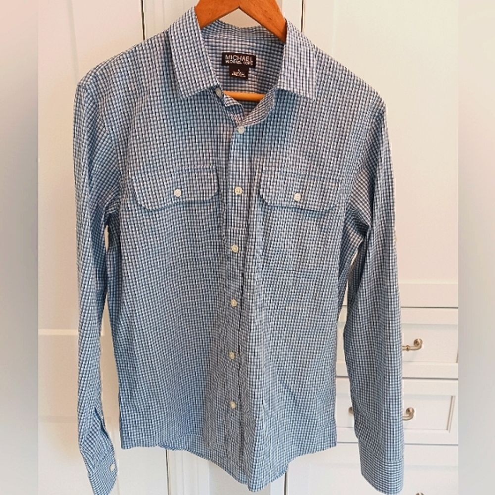 Mens Michael Kors Button Down Shirt Checked Blue White